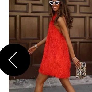 Zara orange fringe halter neck dress XL
